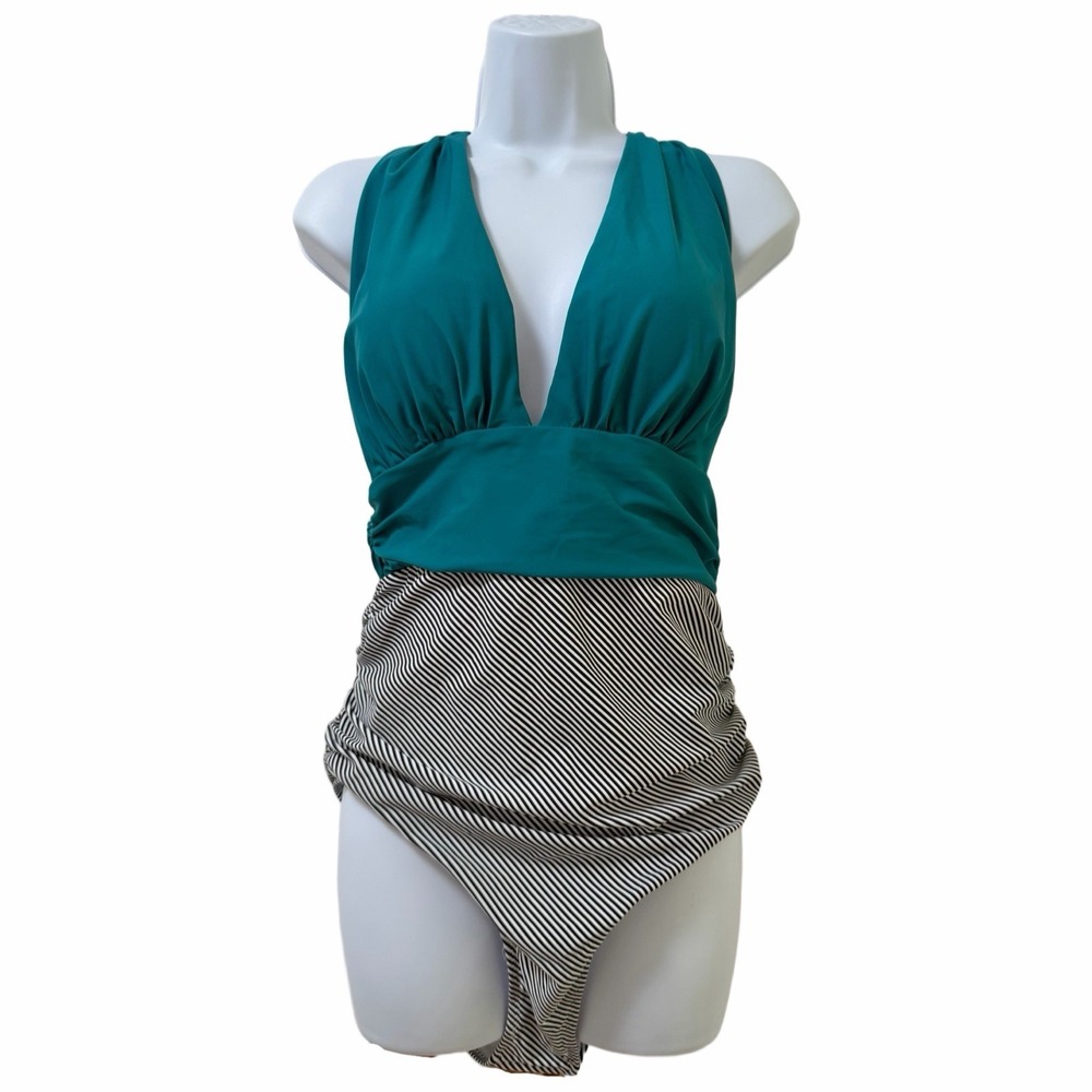 Cupshe Ruched Halter Tummy Control‎ One Piece Swimsuit Size L Stripe Blue Beach